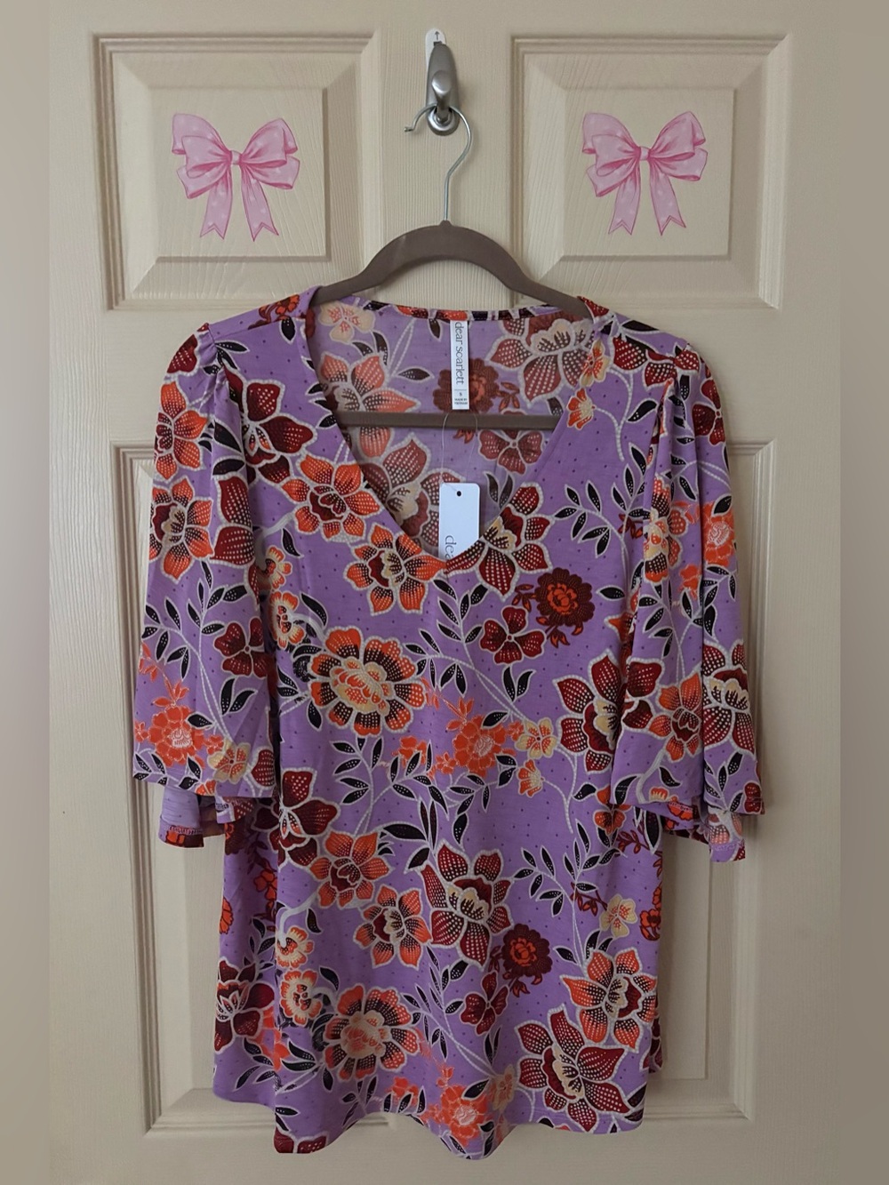 Dear Scarlett Women's Top Cali 3/4 Sleeve V-Neck Purple Orange Size Small NWT